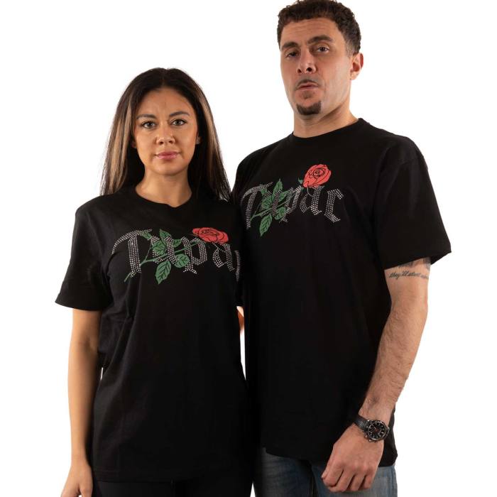 Tupac Unisex T-Shirt: Rose Logo (Black) (Embellished) 80056