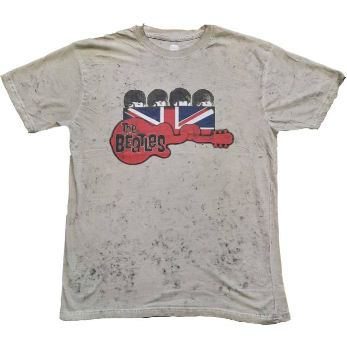 The Beatles Unisex T-Shirt: Guitar & Flag Snow Wash (Sand) (Wash Collection) 83308