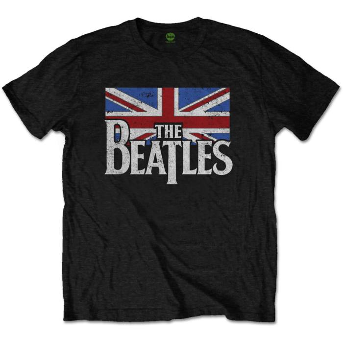 The Beatles Unisex T-shirt: Drop T Logo & Vintage Flag (črna) 84099