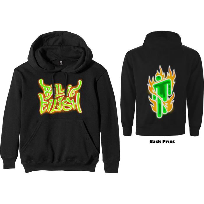 Billie Eilish Unisex Pullover Hoodie: Airbrush Flames Blohsh (Black) (Back Print) 84894