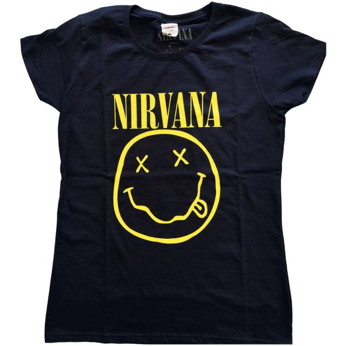 Nirvana Ladies T-shirt Yellow Happy Face (Navy Blue) 98265
