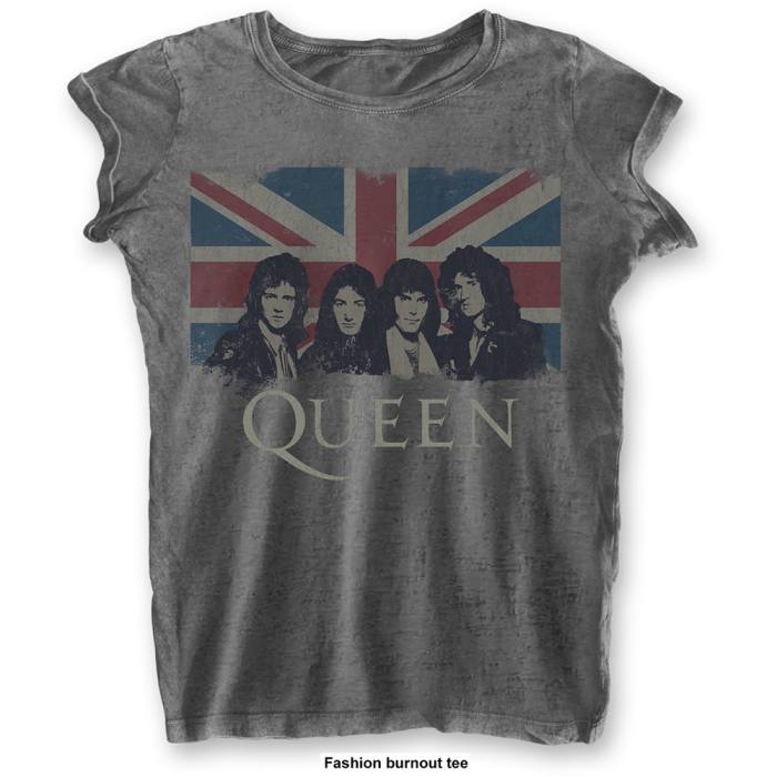 Queen Ladies Burnout T-shirt: Vintage Union Jack (Charcoal Grey) 100908