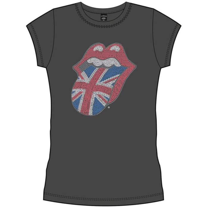The Rolling Stones Ladies T-shirt Classic UK Tongue (Charcoal Grey) Rhinestone 103030