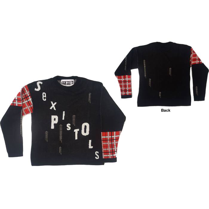 The Sex Pistols Unisex Jumper: Distressed Tartan Logo (Back Detail) 105634