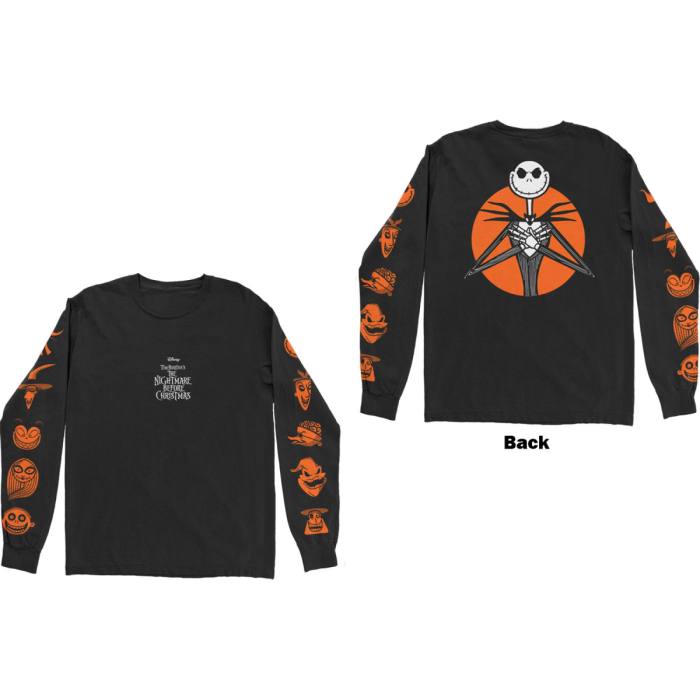 The Nightmare Before Christmas Unisex Long Sleeve T-Shirt: All Characters Orange (Black) (Back & Sleeve Print) 106330