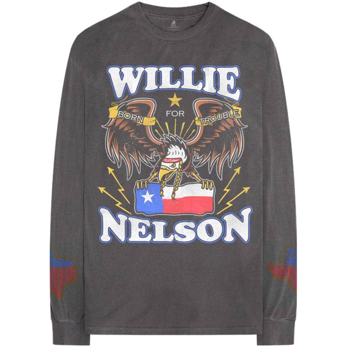 Willie Nelson Unisex Long Sleeve T-Shirt: Texan Pride (Charcoal Grey) (Sleeve Print) 107666