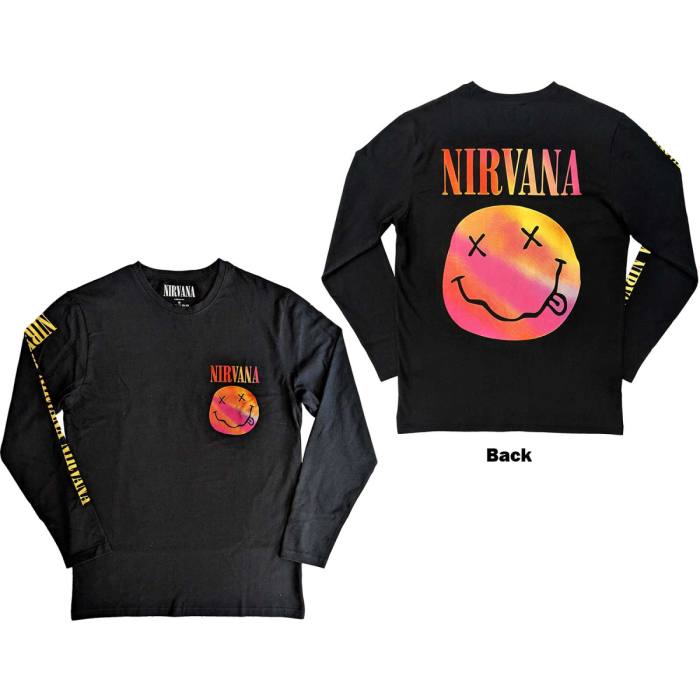 Nirvana Unisex Long Sleeve T-Shirt: Gradient Happy Face (Back & Sleeve Print) 114271