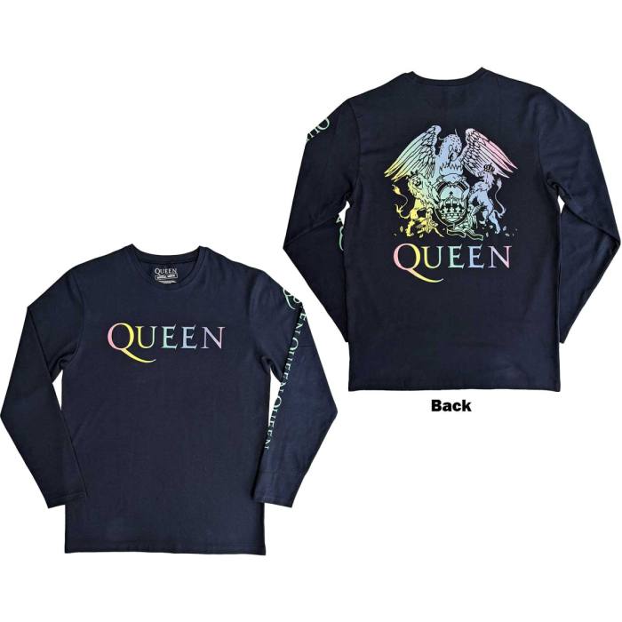Queen Unisex Long Sleeve T-Shirt: Rainbow Crest (Kavbojsko modra) (Zadnji in rokavni print) 114888