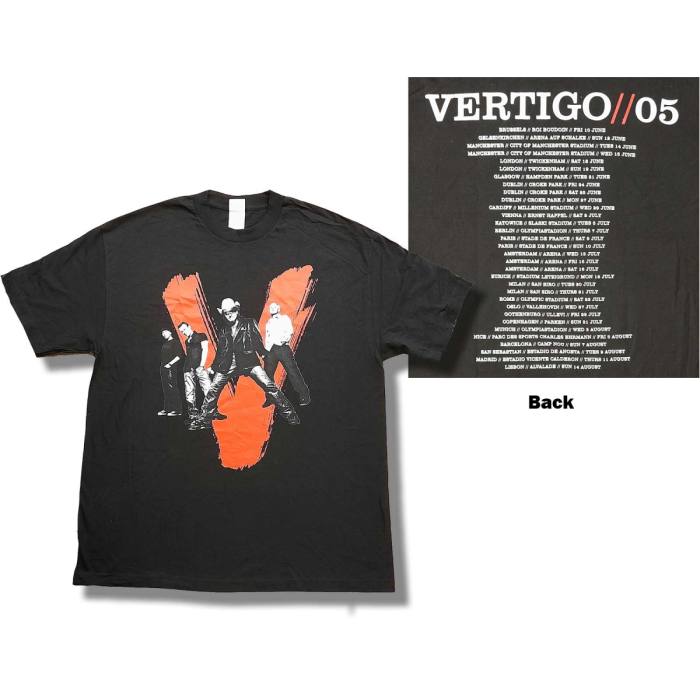 U2 Unisex T-Shirt: Vertigo Tour 2005 V Photo (Black) (Back Print & Ex-Tour) (X-Large) 115801