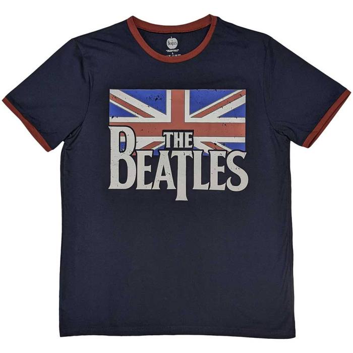 The Beatles Unisex Ringer T-Shirt: Drop T Logo & Vintage Flag (Mornarsko modra) 129705