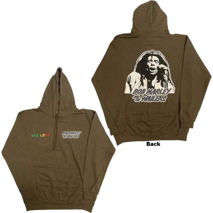 Bob Marley Unisex Pullover Hoodie: One Love Wailers Mic Photo (Green) (Back Print & Embellished) 129920