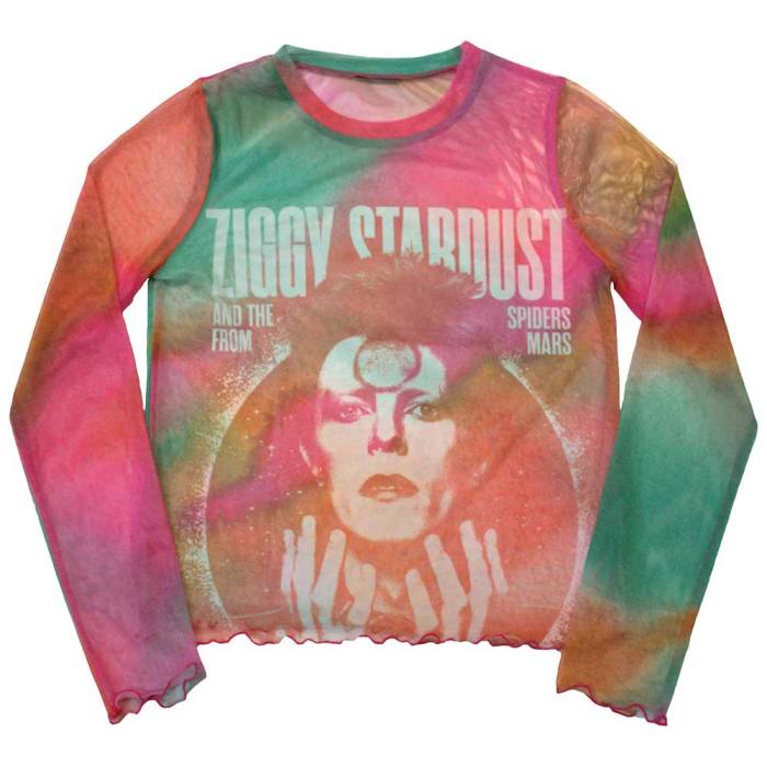 David Bowie Ladies Long Sleeve Crop Top: Ziggy v2 (Orange) (Mesh) 130081