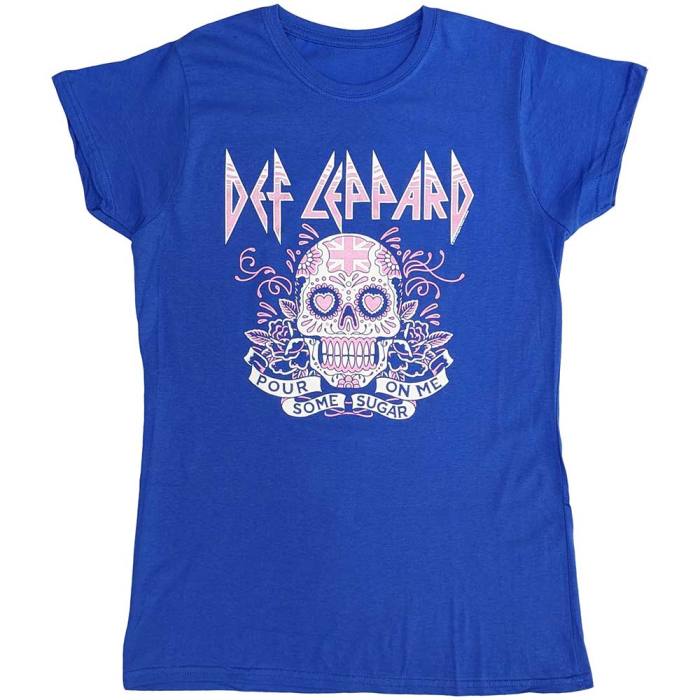 Def Leppard Ladies T-Shirt: Pour Some Sugar On Me Skull Tour 2019 (Blue) 130572