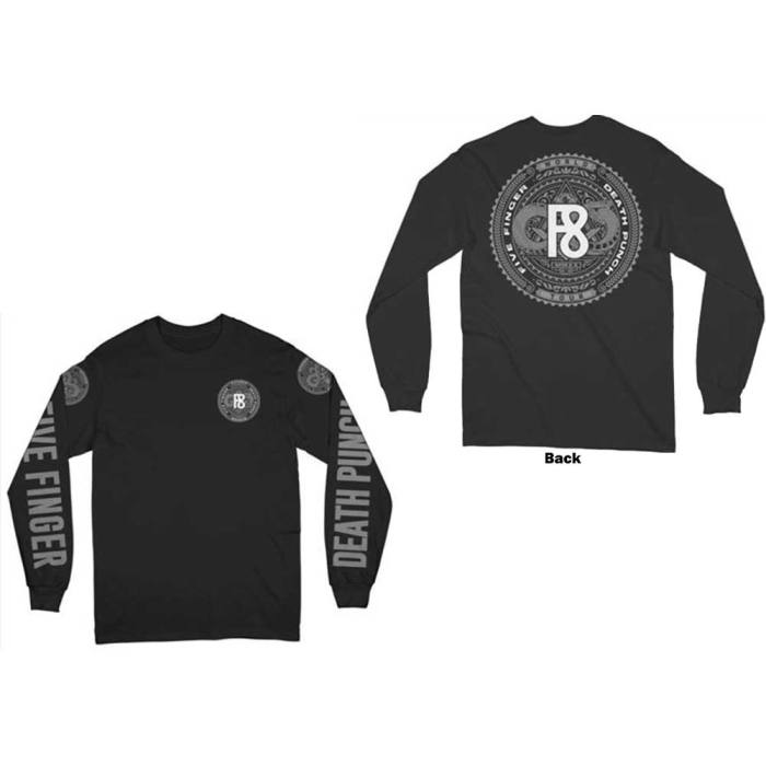 Five Finger Death Punch Unisex Long Sleeve T-Shirt: F8 World Tour 2020 (Black) (Back & Sleeve Print) 130779