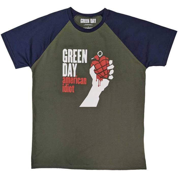 Green Day Unisex Raglan T-shirt: American Idiot (Khaki Green & Navy Blue) 130929