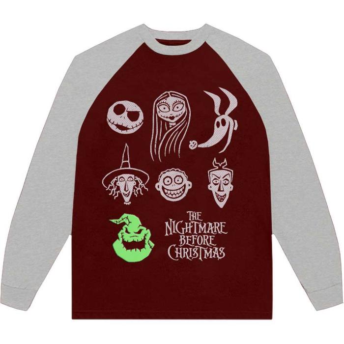 The Nightmare Before Christmas unisex Raglan T-Shirt: Stacked Faces (okrašena) 134562