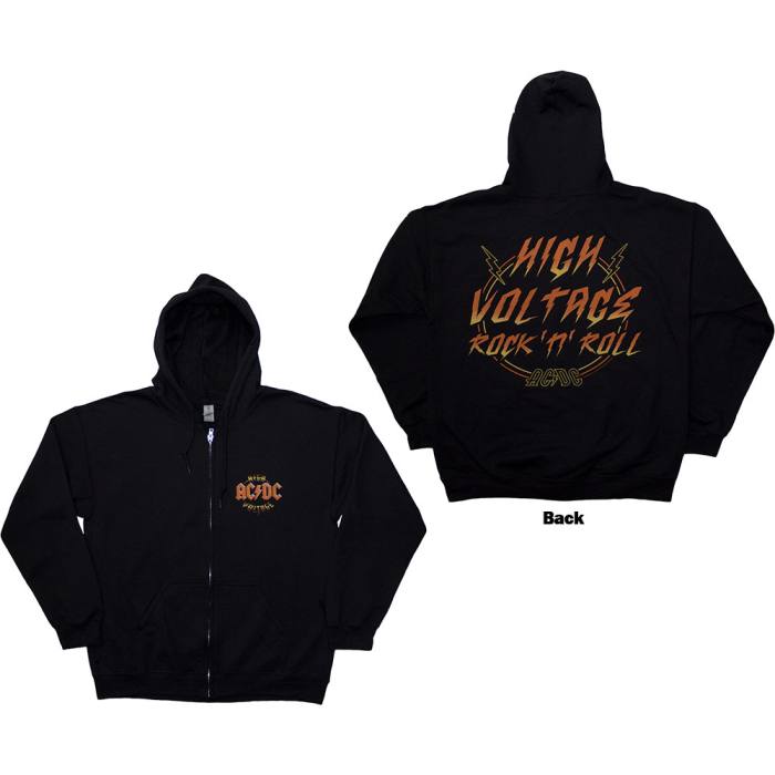 AC/DC Unisex Zipped Hoodie: High Voltage RnR (Black) (Back Print) 201458
