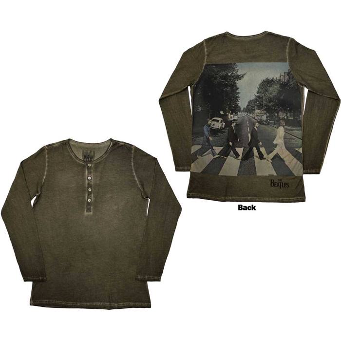 The Beatles Unisex Long Sleeve T-Shirt: Abbey Road Back Print Stone Wash (Khaki Green) (Back Print) 201798