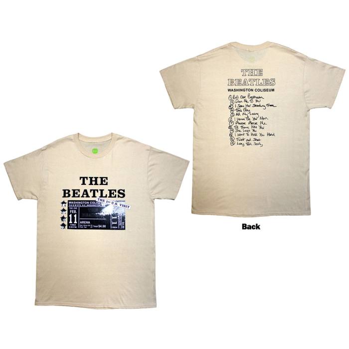 The Beatles Unisex T-Shirt: Washington '64 Promo & Setlist (Sand) (Back Print) 202026
