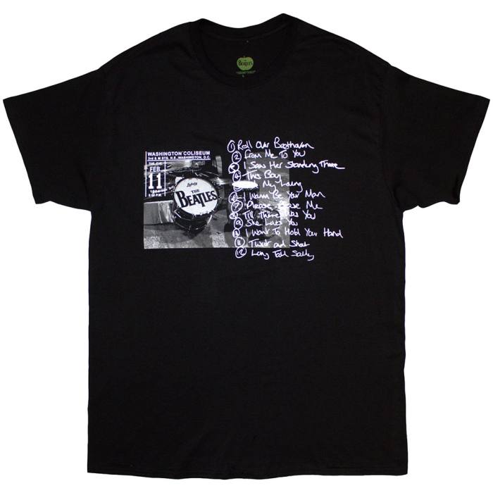 The Beatles Unisex T-Shirt: Washington '64 Drum Photo & Setlist (Black) 202038