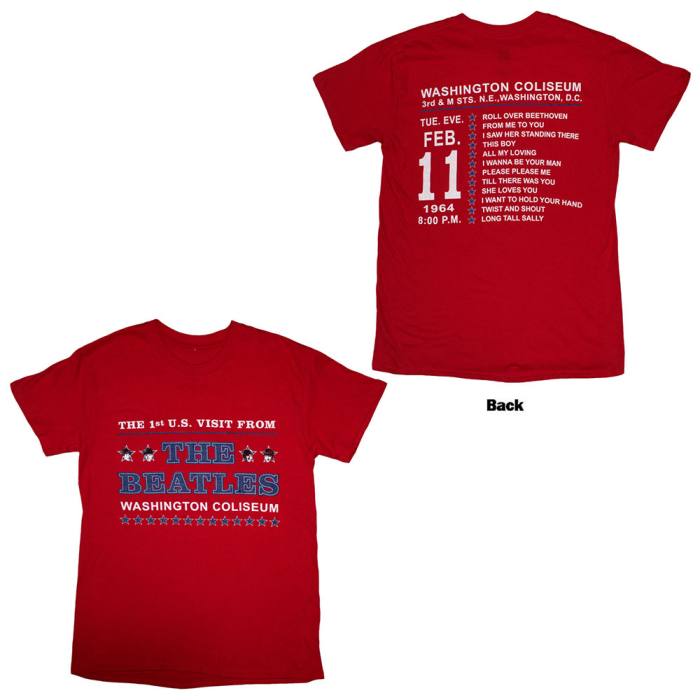 The Beatles Unisex T-Shirt: Washington '64 Stars Setlist (Red) (Back Print) 202068