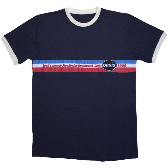 Oasis Unisex Ringer T-Shirt: 1996 Tour Horizontal Stripes (Navy Blue) 204943
