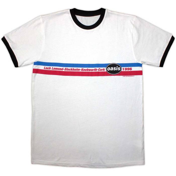 Oasis Unisex Ringer T-Shirt: 1996 Tour Horizontal Stripes (White) 204949