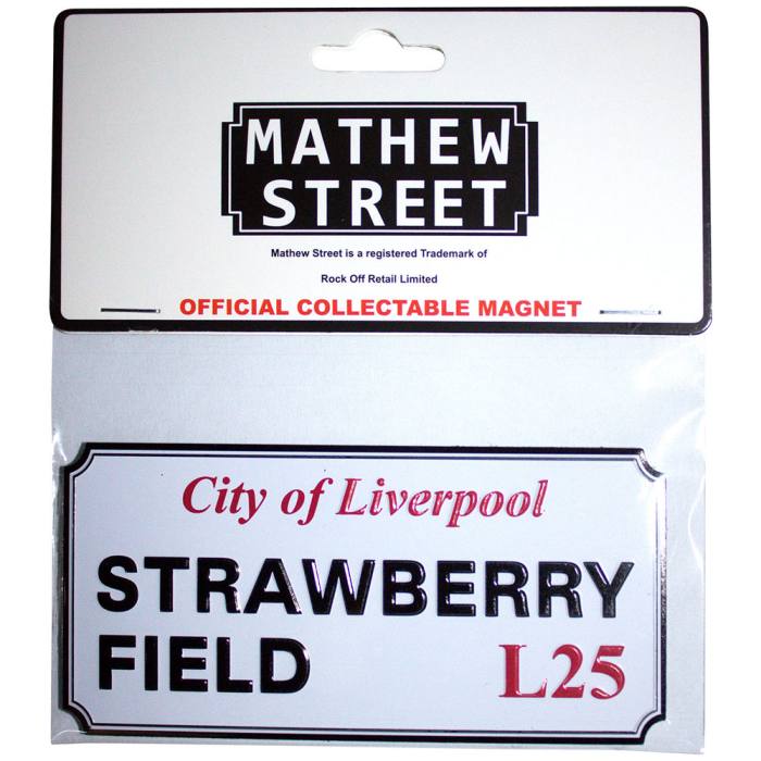 Rock Off kovinski magnet za hladilnik: Strawberry Field Liverpool znak (reliefni) 205557