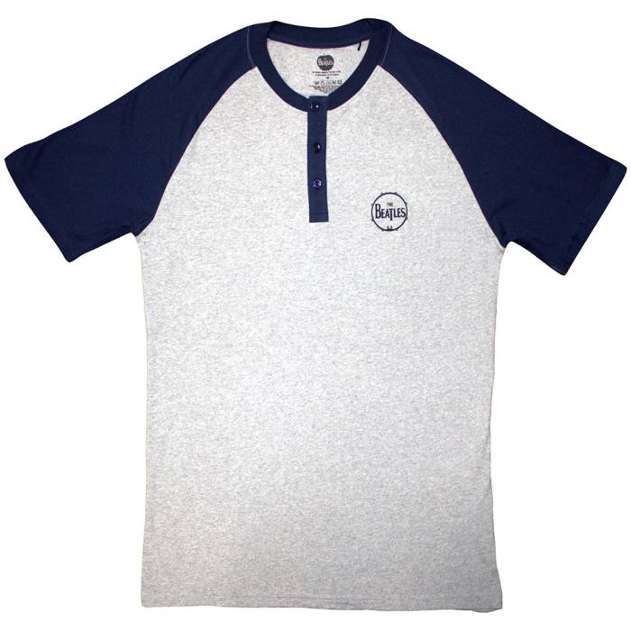 The Beatles Unisex Raglan T-Shirt Mini Drum Logo (siva & temno modra, 3-gumbni ovratnik) 219986