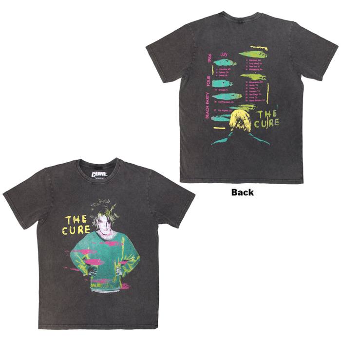 The Cure Unisex Stone Wash T-Shirt: Beach Party Tour '86 (ogljeno siva, front print) 220634