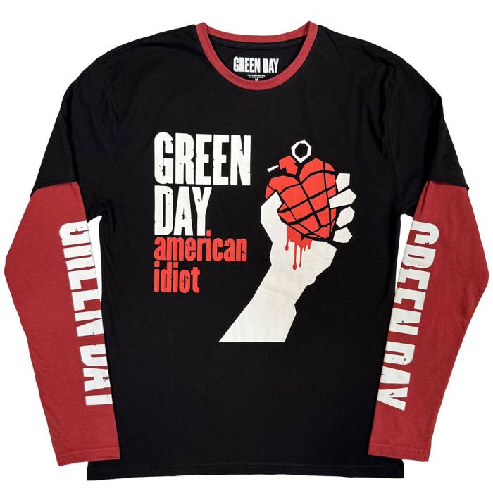 Green Day Unisex Layered Long Sleeve T-Shirt: American Idiot (Črna in Rdeča) 221015