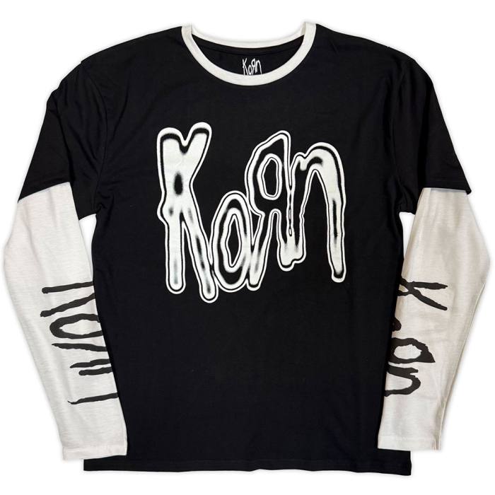 Korn Unisex Layered Long Sleeve T-Shirt: Metallic Logo (Black & White) (Sleeve Print) 221489