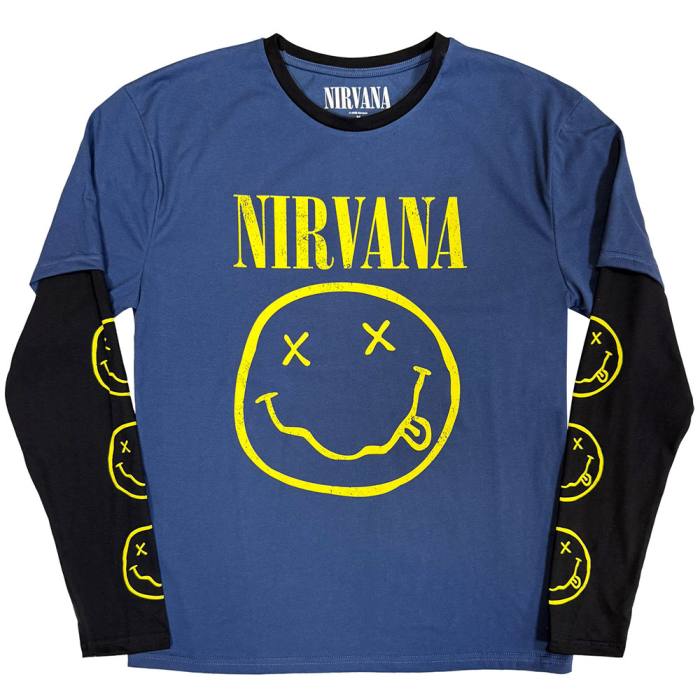 Nirvana Unisex Layered Long Sleeve T-Shirt: Yellow Happy Face (Denim Blue & Black) (Sleeve Print) 222487