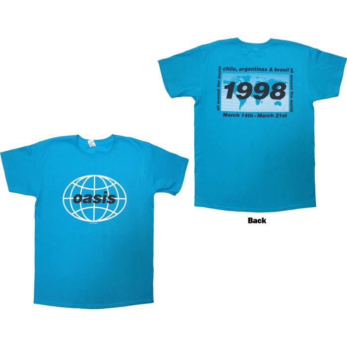 Oasis Unisex T-Shirt: 1998 World Tour - South America (Blue) (Back Print) 222638