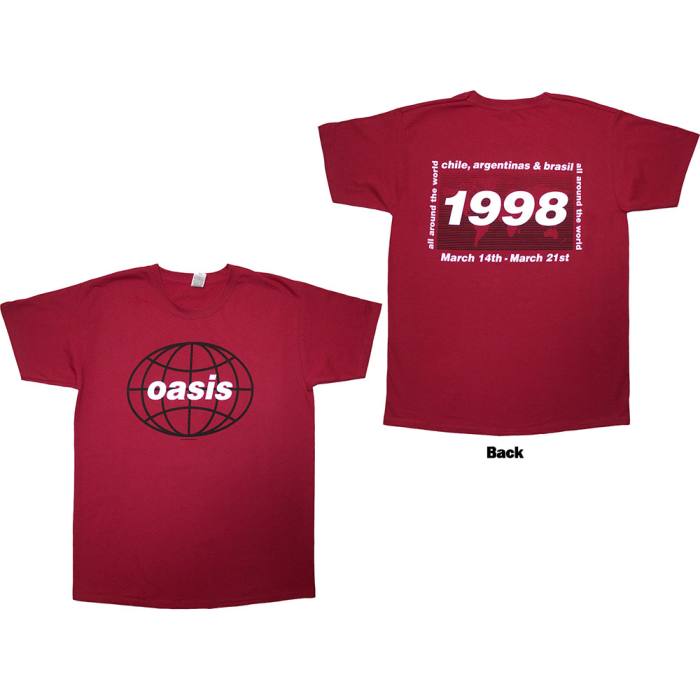 Oasis T-Shirt: 1998 World Tour - South America (Red) (Back Print) 222644