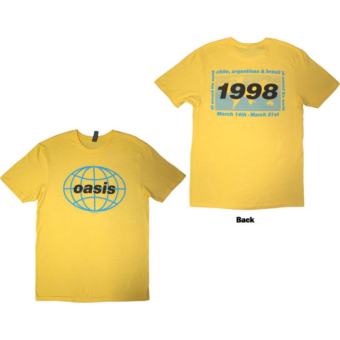 Oasis Unisex T-Shirt: 1998 World Tour - South America (Yellow) (Back Print) 222650
