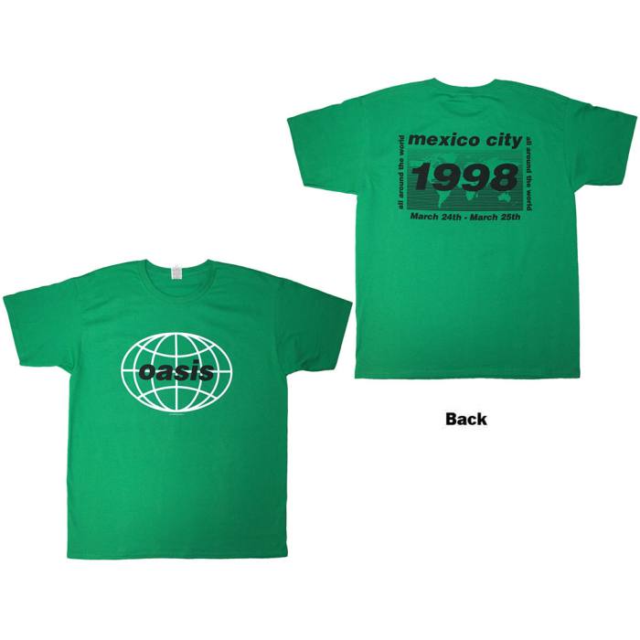 Oasis Unisex T-Shirt: 1998 World Tour - Mexico City (Green) (Back Print) 222656