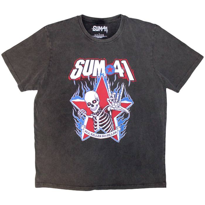 Sum 41 Unisex Stone Wash T-Shirt: All Killer No Filler Skeleton (ogljeno siva) 223785